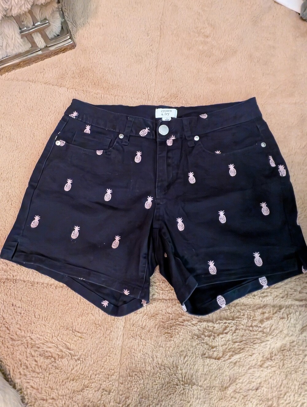 crown & ivy Black Jean Shorts with Pink Pineapple Embroidery